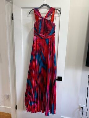 AMUR Pleated Halter Maxi Dress in Red, Pink and Blue